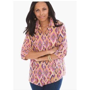 Chicos 3 Womens Ikat Linen Button-Back no iron Shirt blouse 3/4 sleeve Size XL